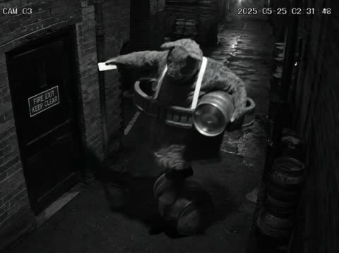 CCTV-style still of the Bear outside a venue