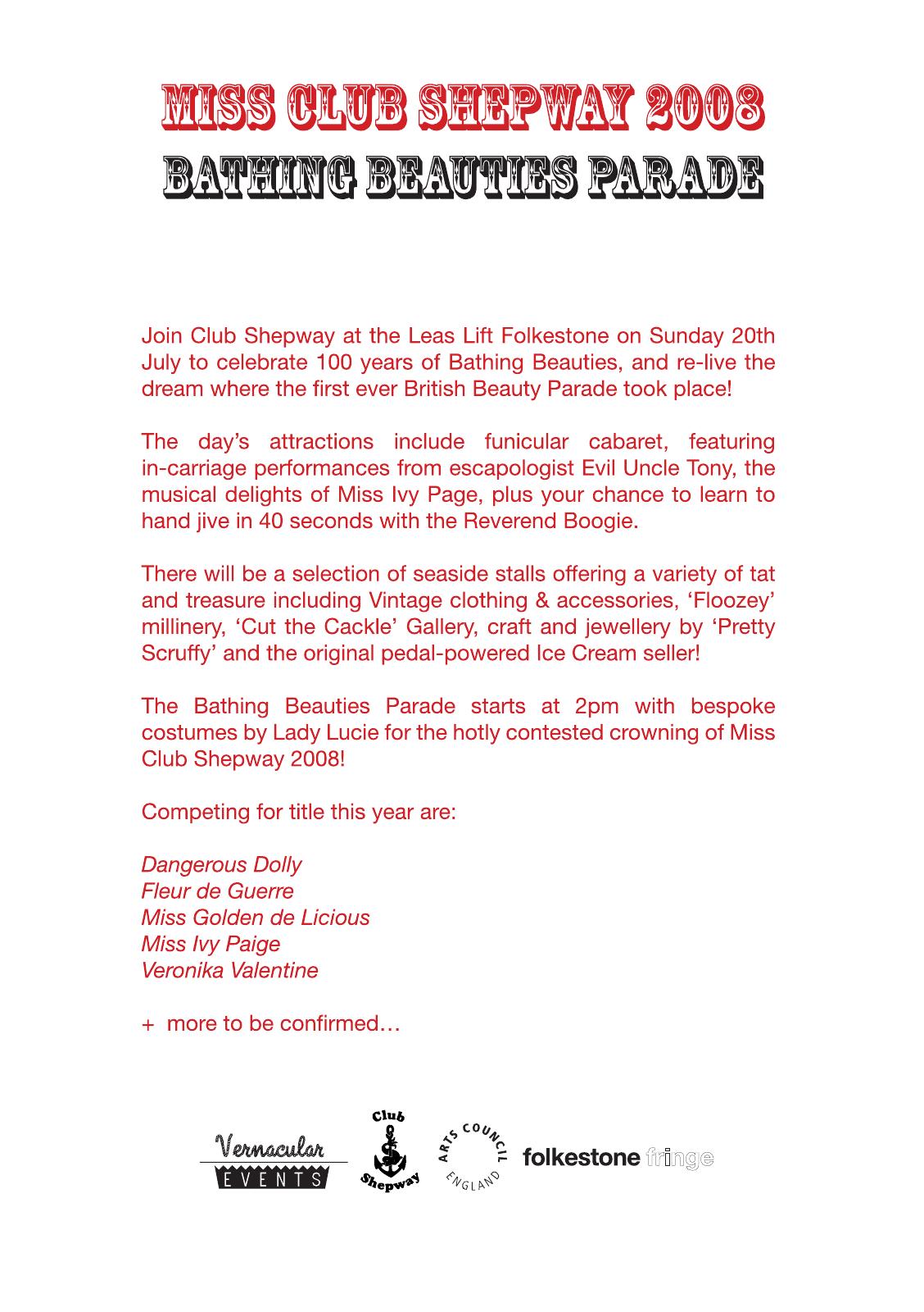 Programme sheet for Miss Club Shepway 2008 Bathing Beauties Parade