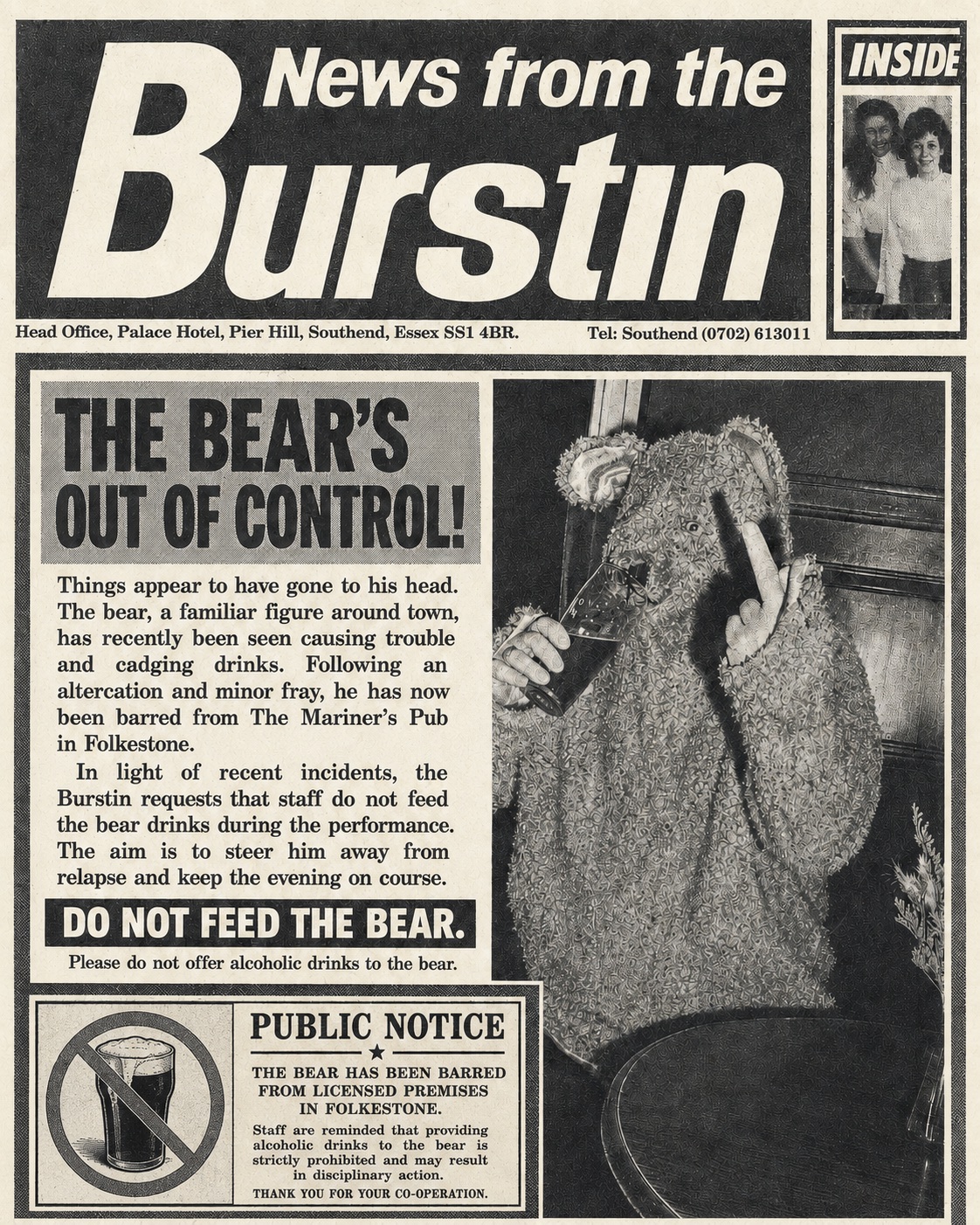 News from the Burstin clipping warning staff not to feed alcoholic drinks to the Bear