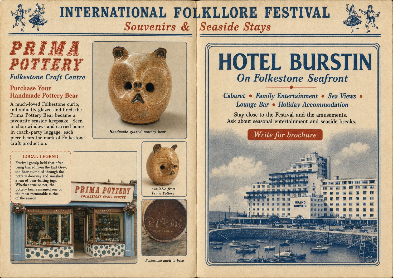 International Folklore Festival souvenir programme spread for Prima Pottery and Hotel Burstin