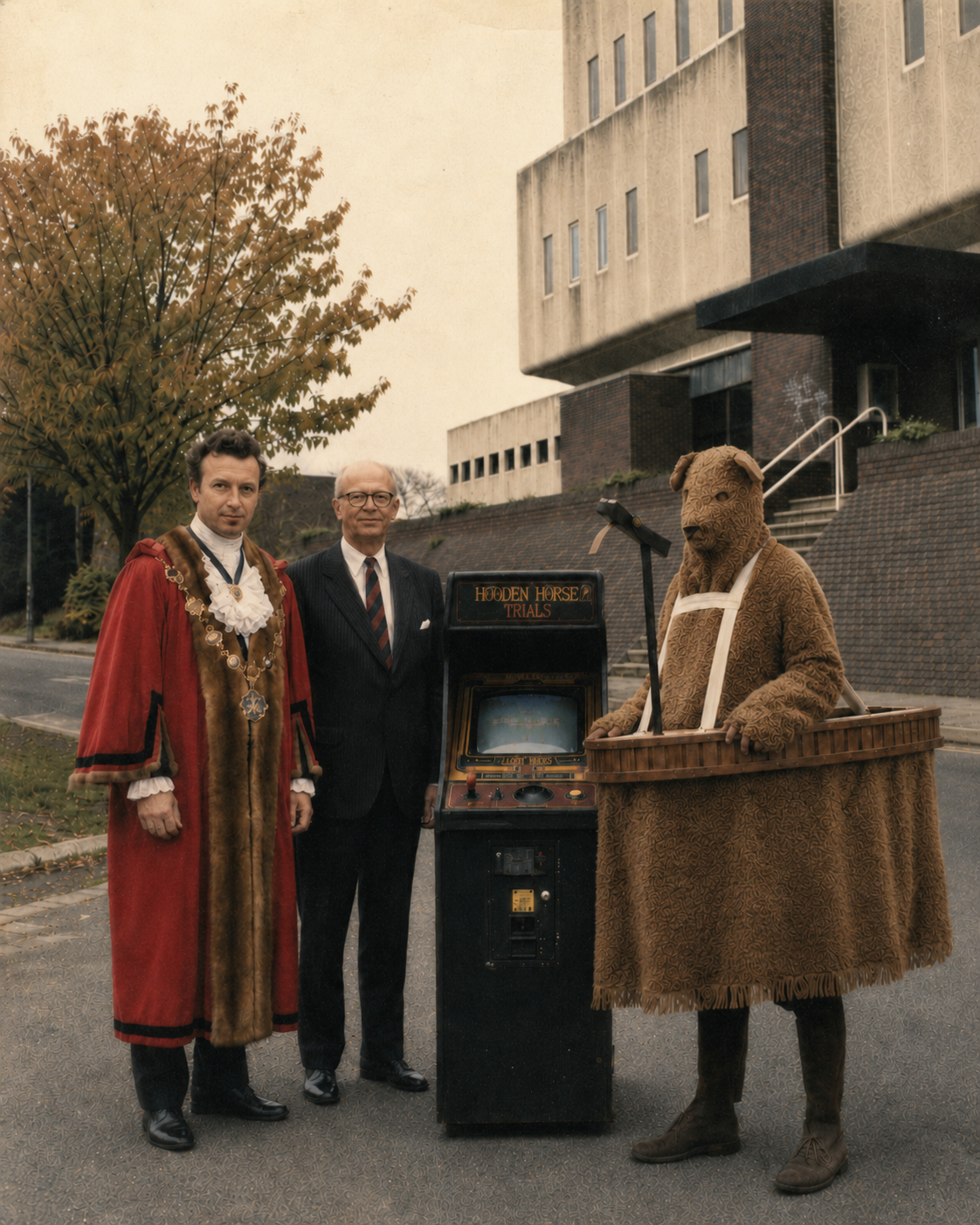 The Folkestone Bear standing beside the Hooden Horse Trials arcade machine outside Seaboard