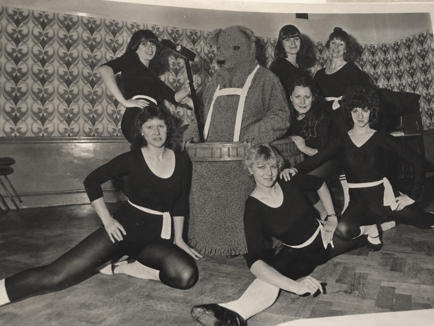 Black and white Hotel Burstin dance-show group photograph with the Bear