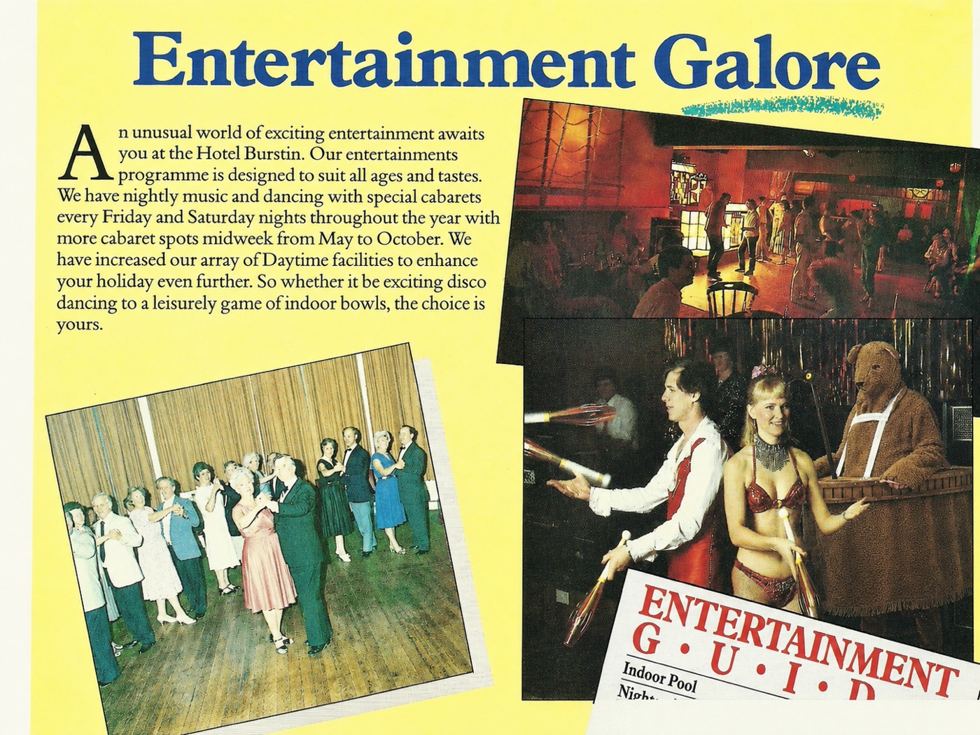 Hotel Burstin Entertainment Galore brochure with cabaret and dance images including the Bear