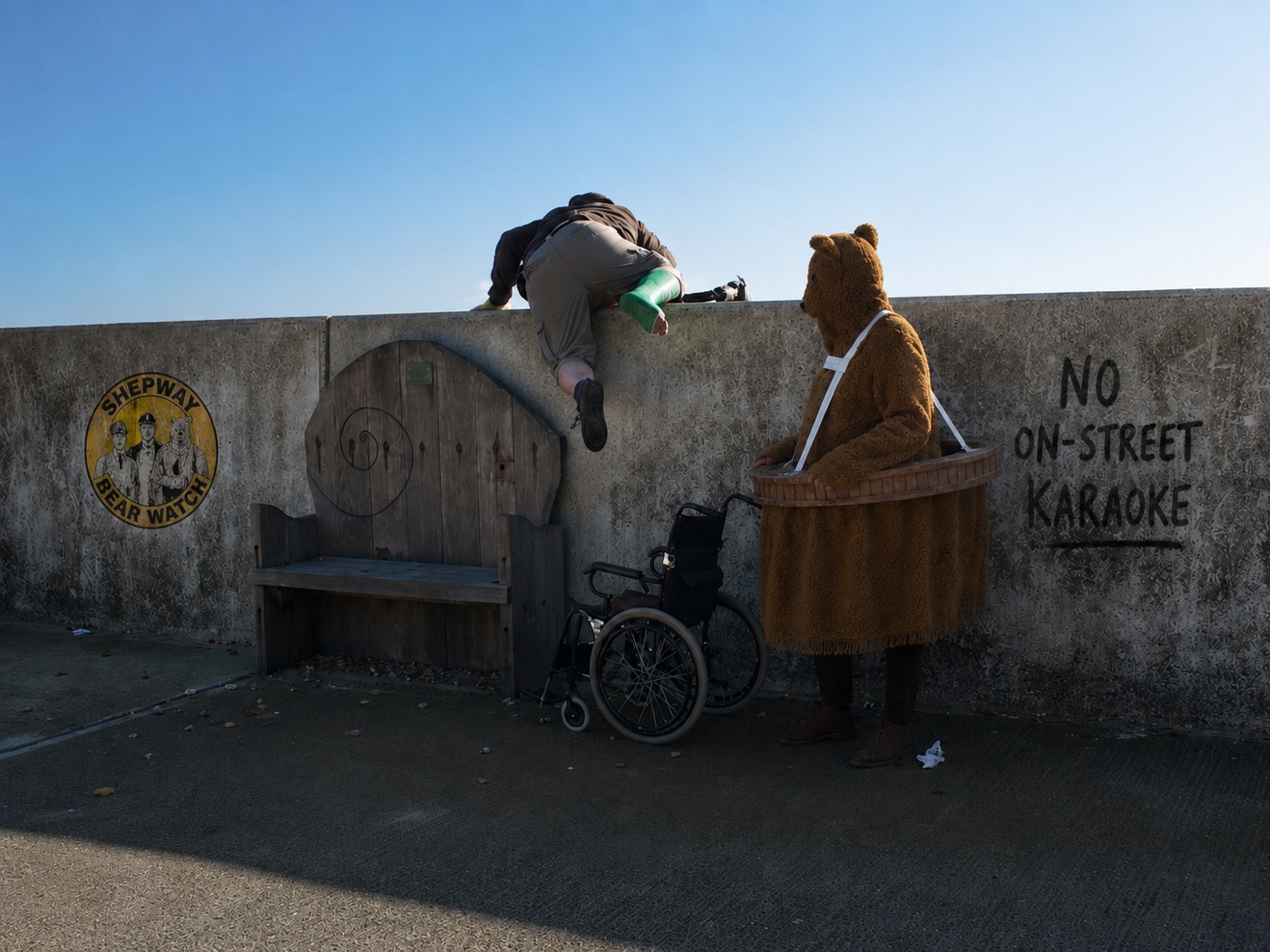 The Bear beside a wheelchair at a promenade wall with a Shepway Bear Watch sign