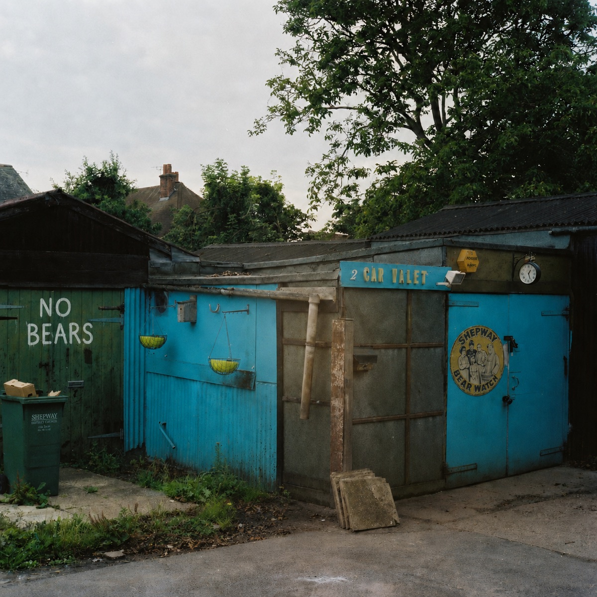 Blue car-valet yard with a Shepway Bear Watch sign and a hand-painted No Bears notice