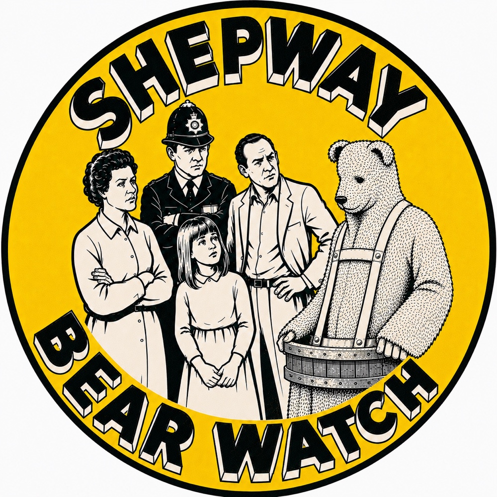 Clean circular yellow and black Shepway Bear Watch sign showing the Bear and a disapproving community group