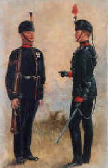 Period illustration of soldiers of the King's Royal Rifle Corps by Harry Payne